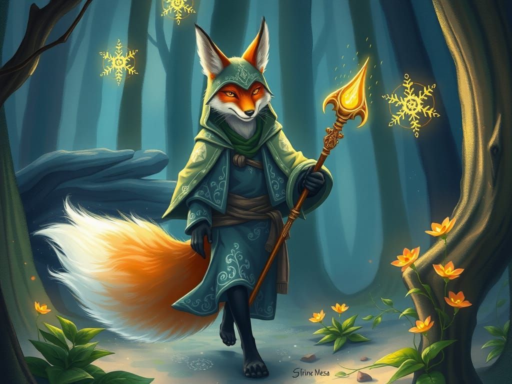 Whimsical Fox Sorcerer in Enchanted Forest