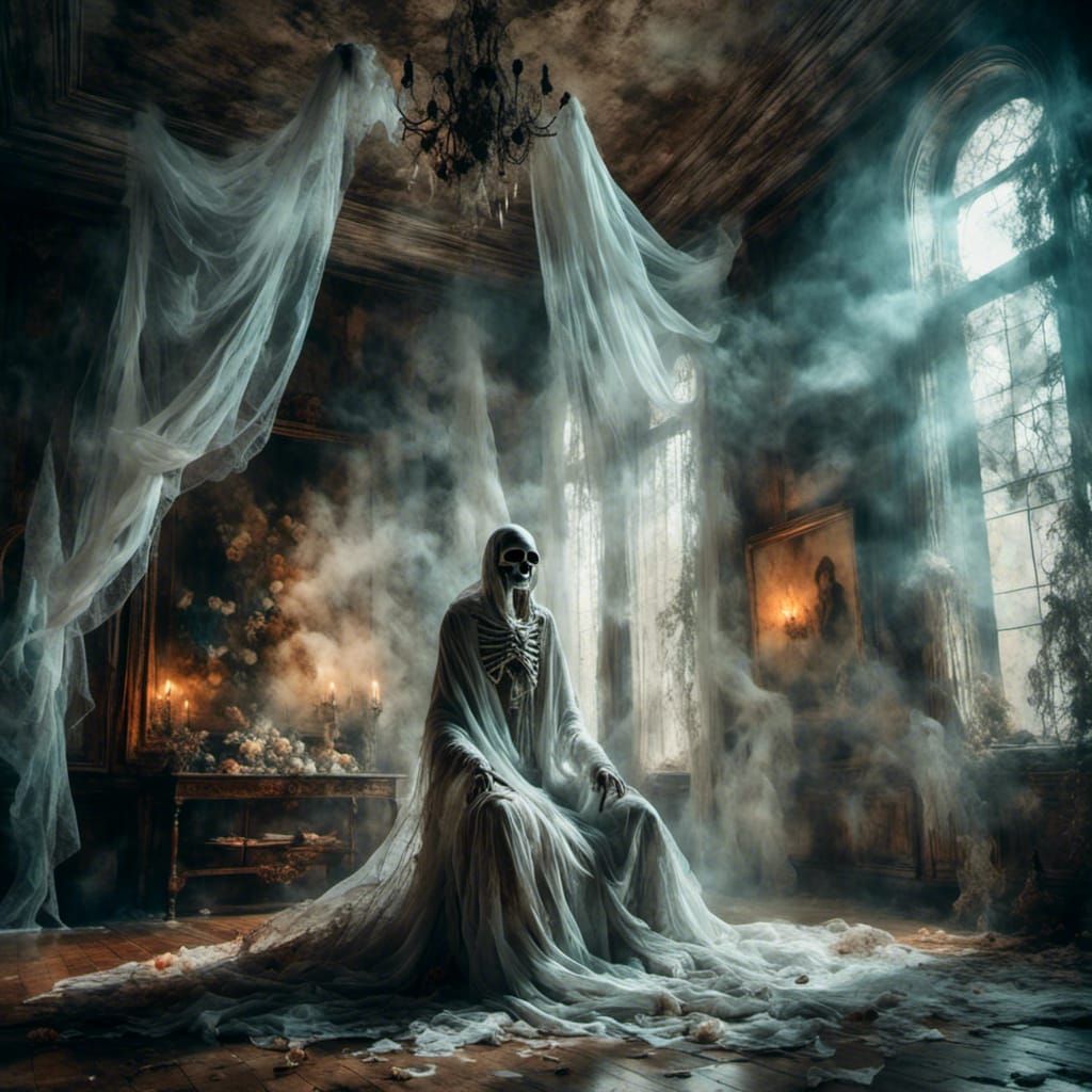 Ghost in Gothic Room: Hyperrealistic Spectral Art