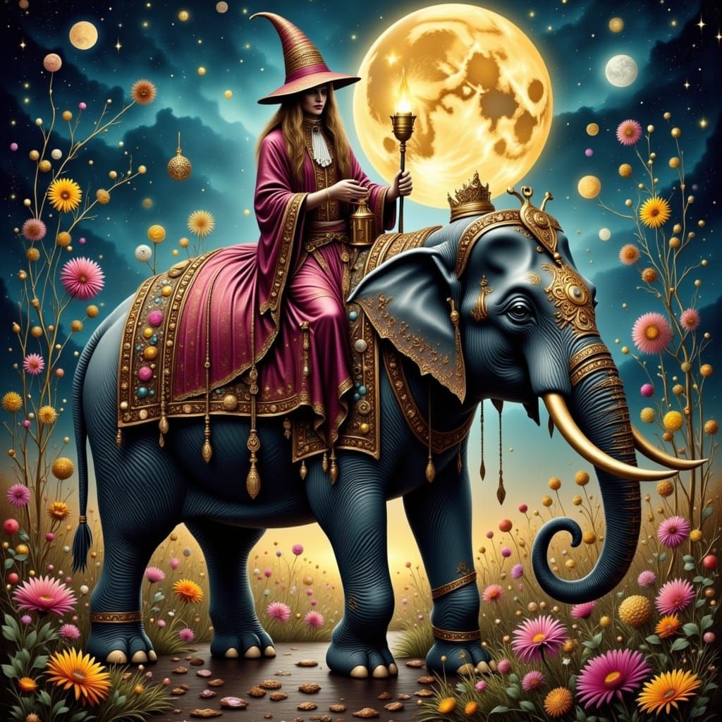 Whimsical Wizard Rides Elephant Through English Garden