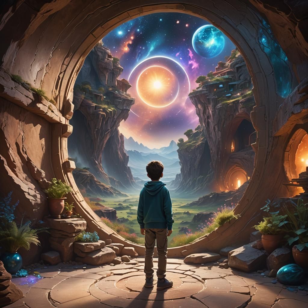 Boy in Cave House Gazing at Cosmic Window