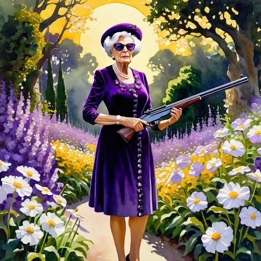 Gothic Grandma with Shotgun in Impressionist Gouache Style