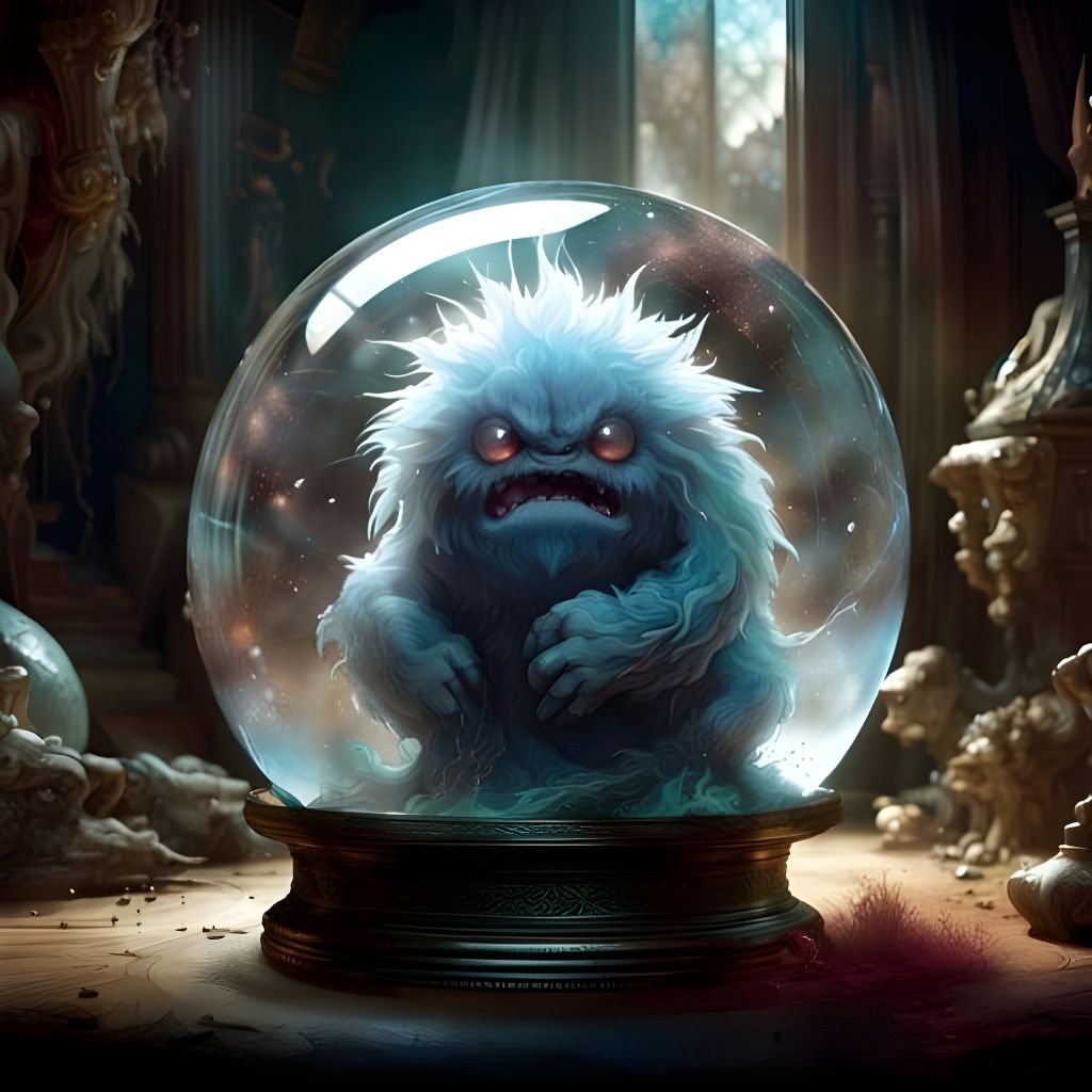 Fluffy Monsters Trapped in Glass Orb, Fantasy Art