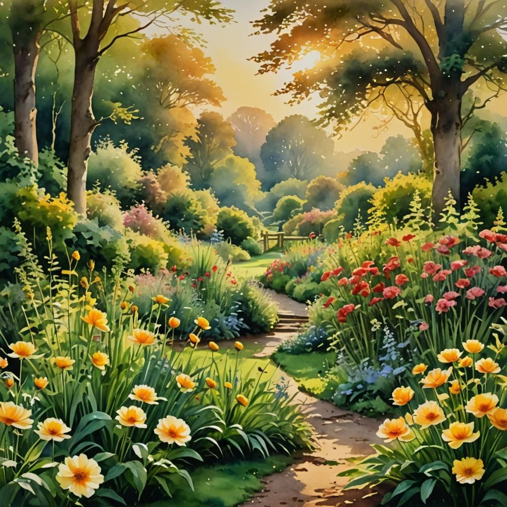English Garden in Golden Hour, Watercolor Painting