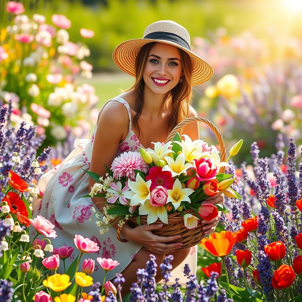 Woman Collecting Flowers in a Vibrant Garden