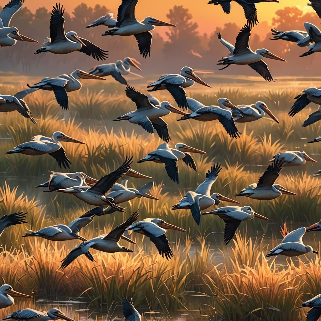 (Pelicans flying across the meadows in echelon:20.0x).