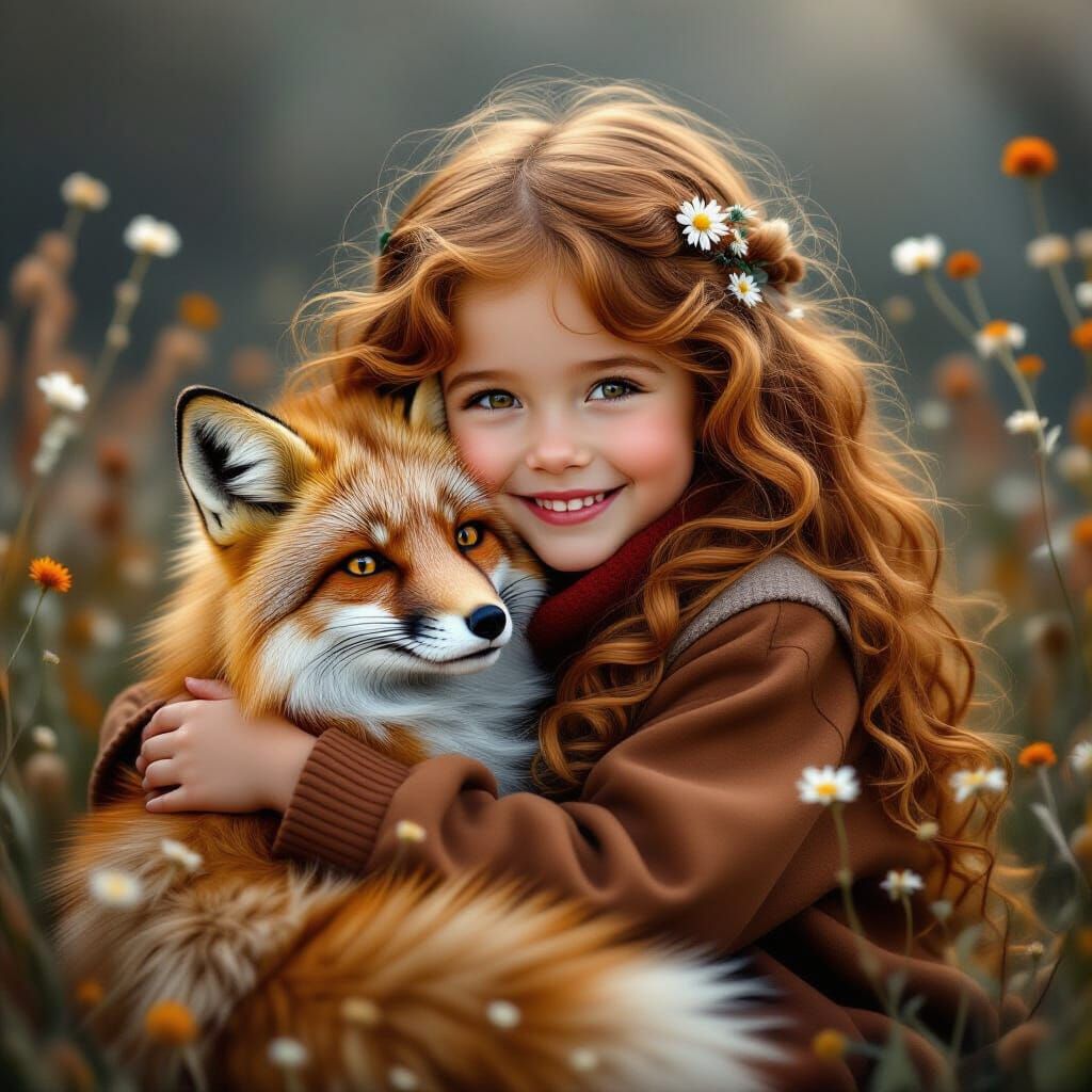 Girl and Fox in Hyperrealistic Atmospheric Landscape