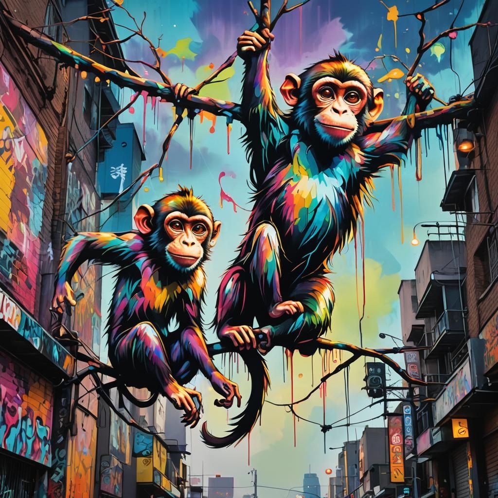 Colorful Monkeys in Vibrant Graffiti Street Art