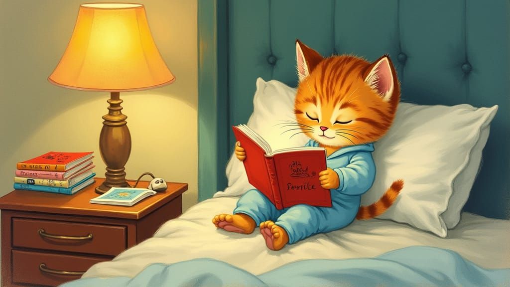 Cozy Kitten Reading in Mid-Century Style Bedroom