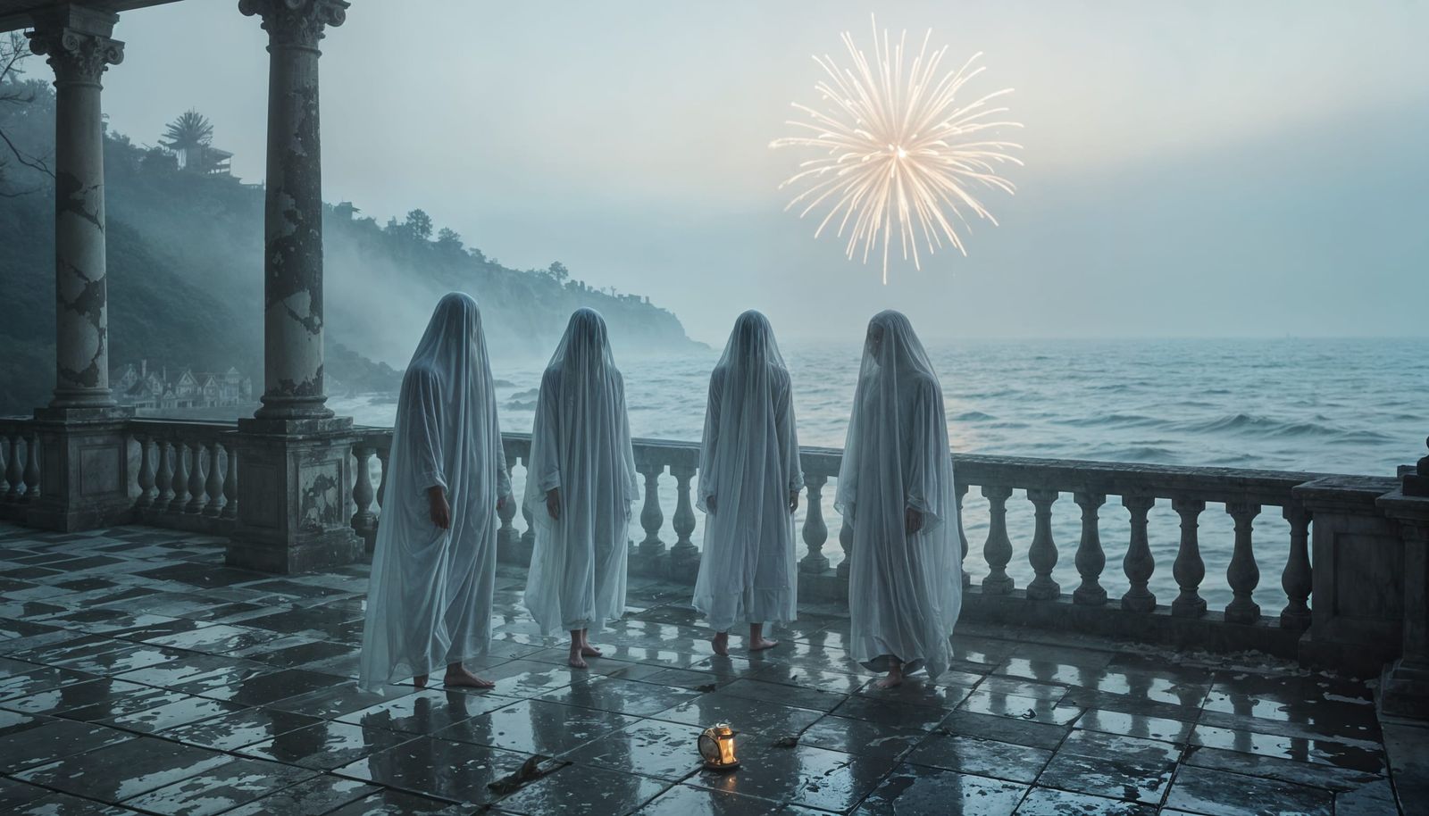 Ghosts Dance at Dawn on Foggy Seaside Estate