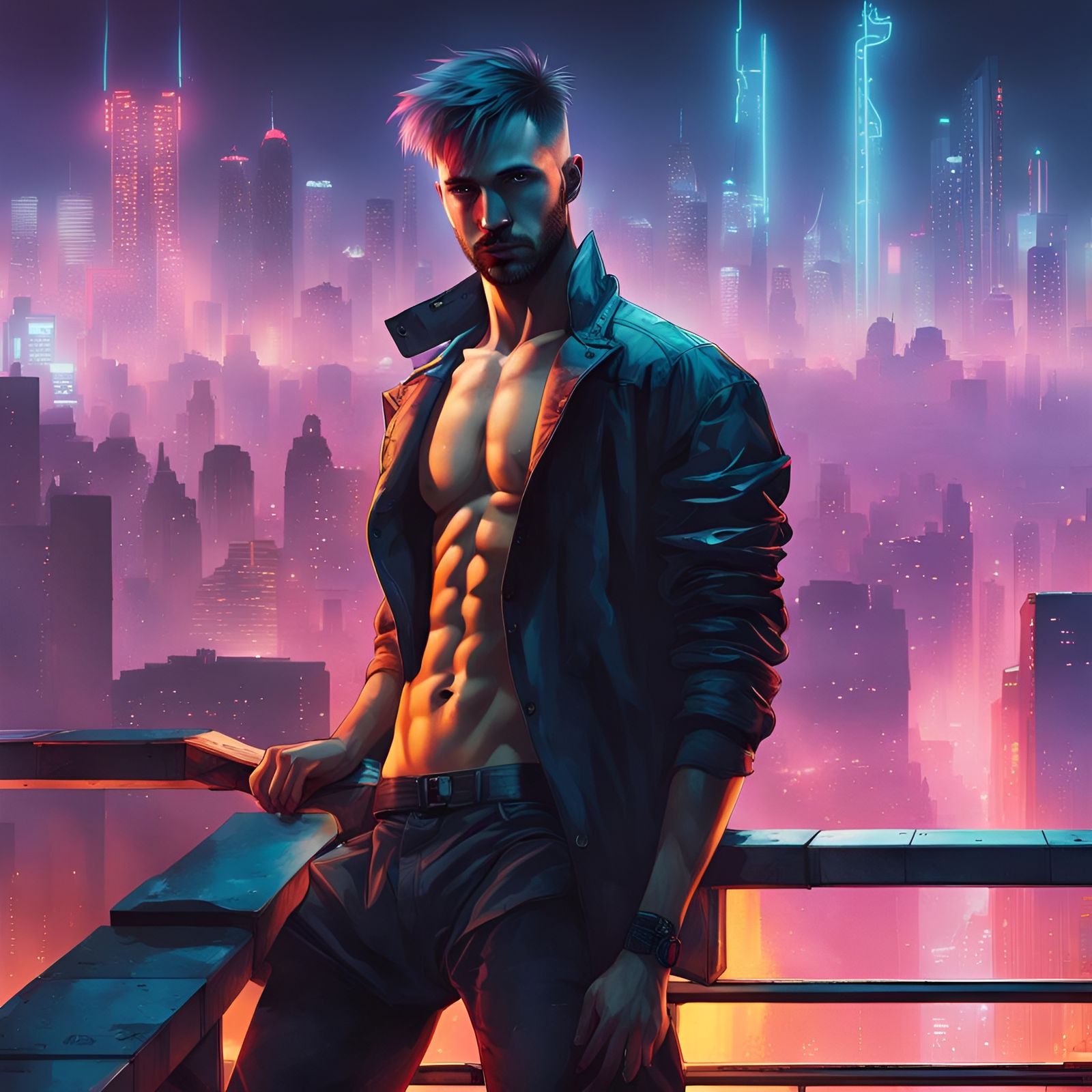 Cyberpunk Man Overlooking Neon Cityscape