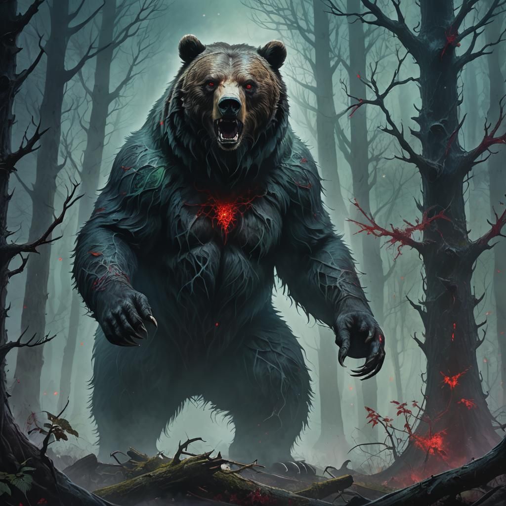 Demonic Grizzly Bear in Eerie Forest, Dark Fantasy Art