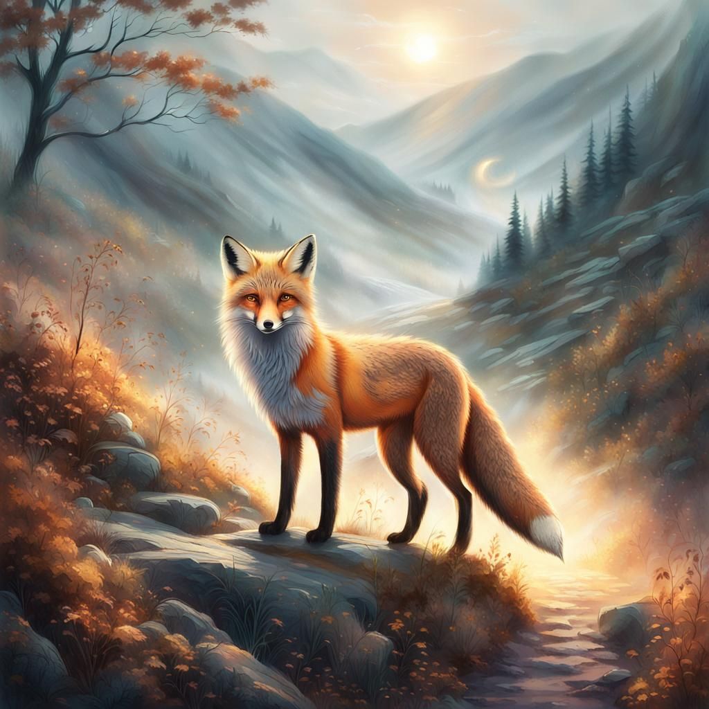 Ethereal Fox Spirit on Misty Mountain Path