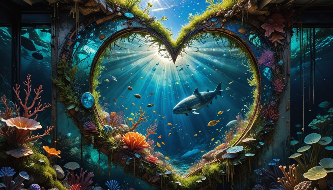 Sunlit Heart Refraction on Submarine Wall, Mixed Media