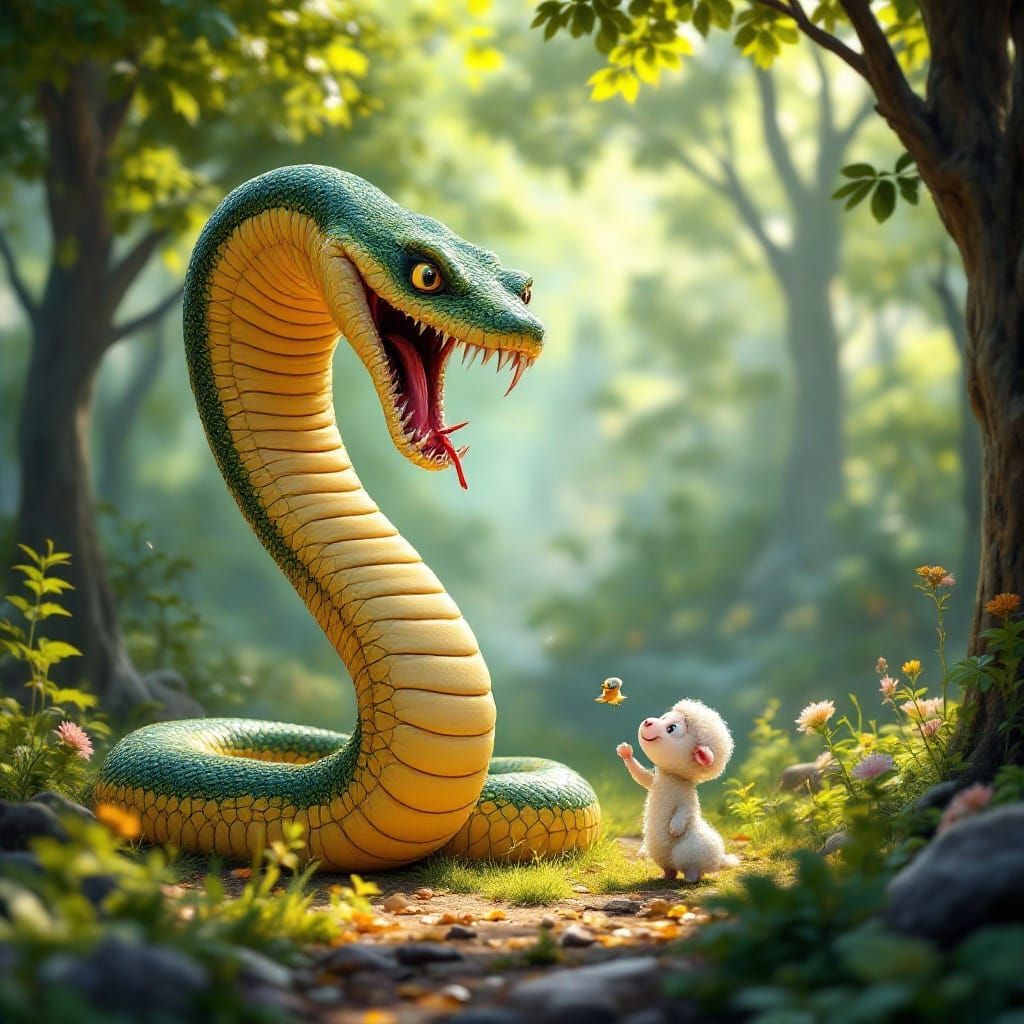 Giant Boa Swallows Sheep in Whimsical 3D Forest Scene