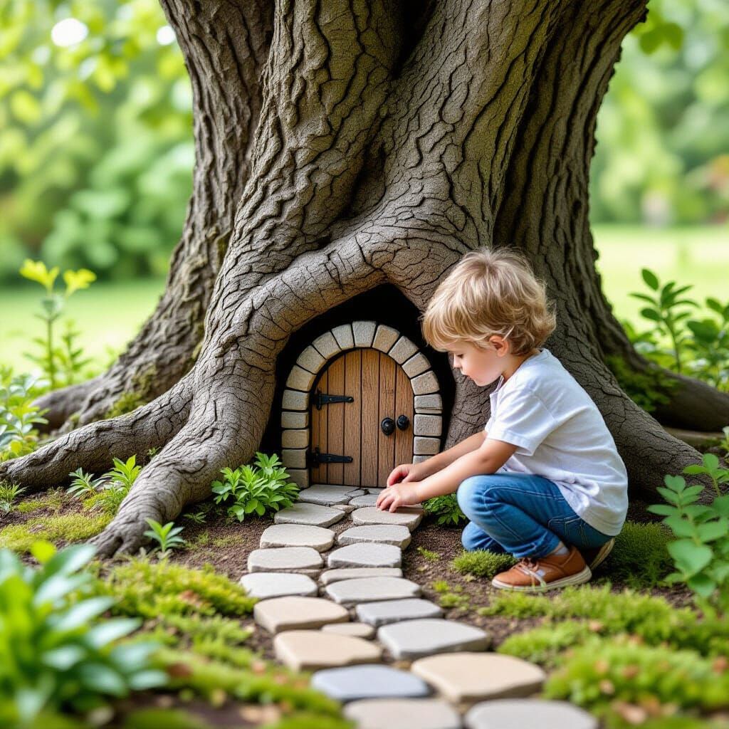 Boy Builds Fairy Garden Path to Tree Door