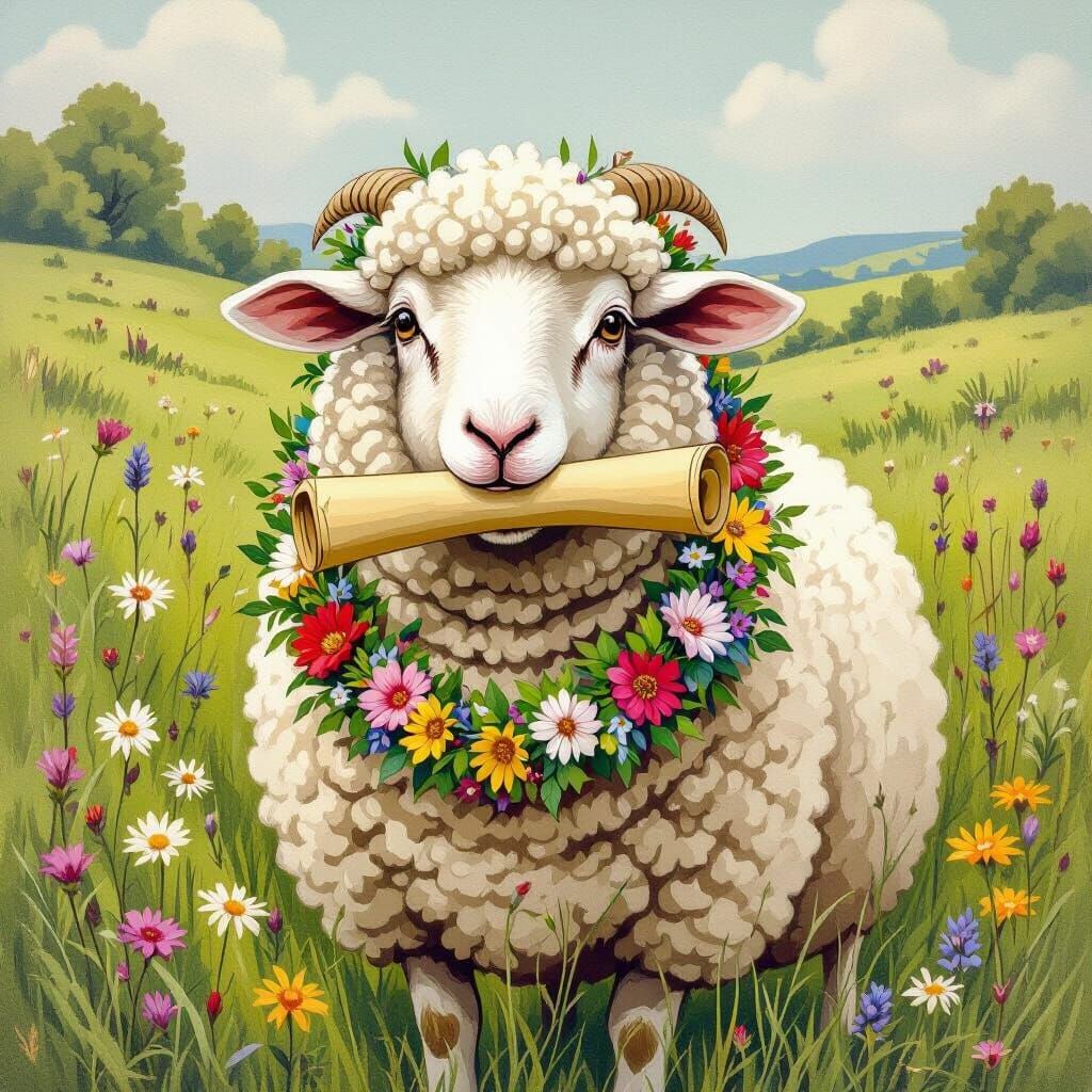 Sheep with Scroll in Beatrix Potter Style