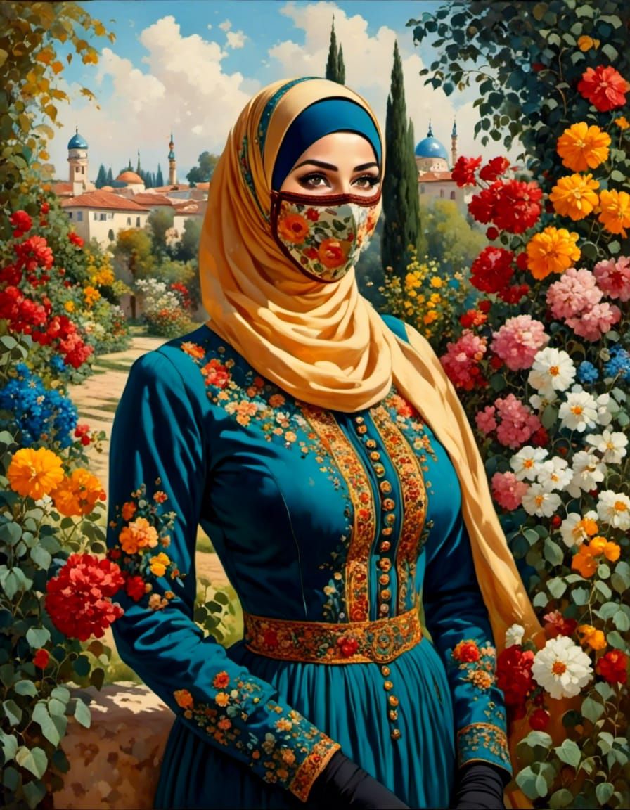 Elegant Woman with Facemask in Garden Painting