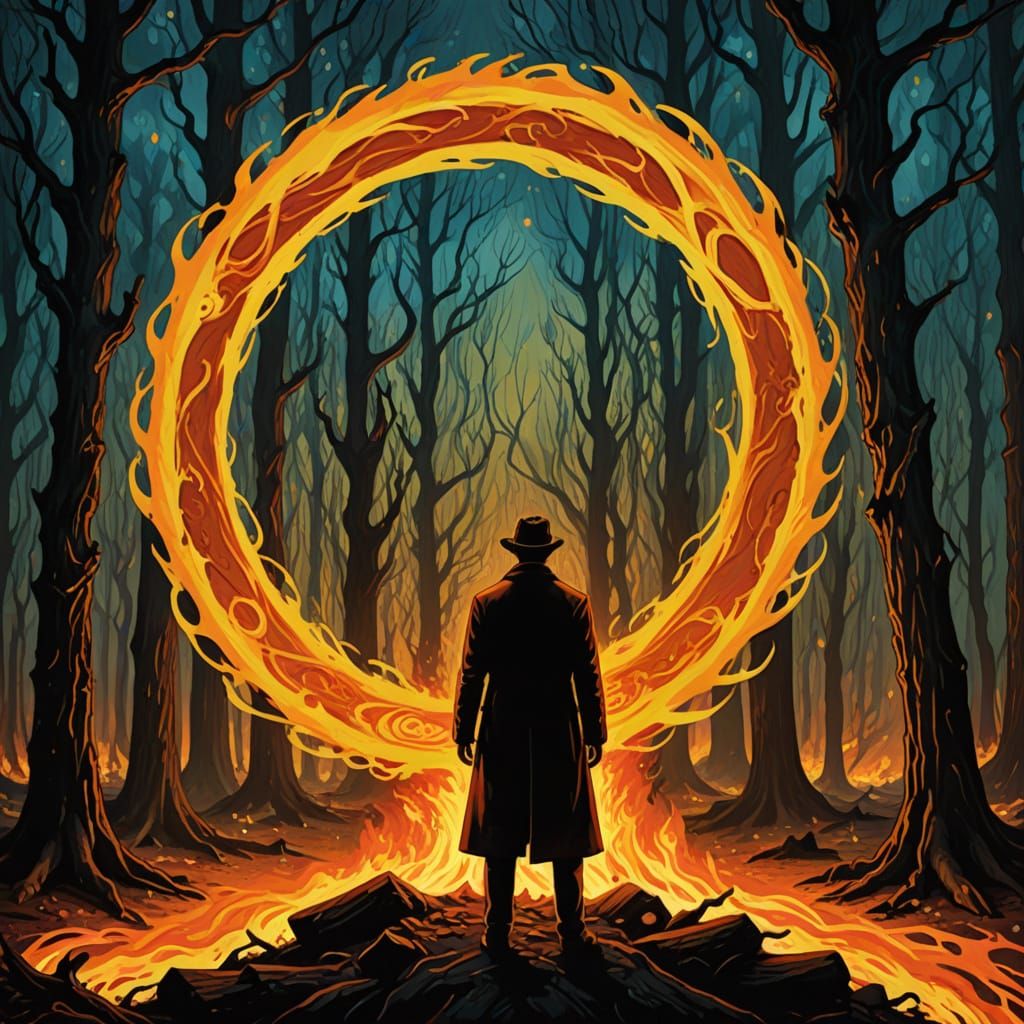 Surreal, Dreamlike Scene of Man in Burning Ring of Fire