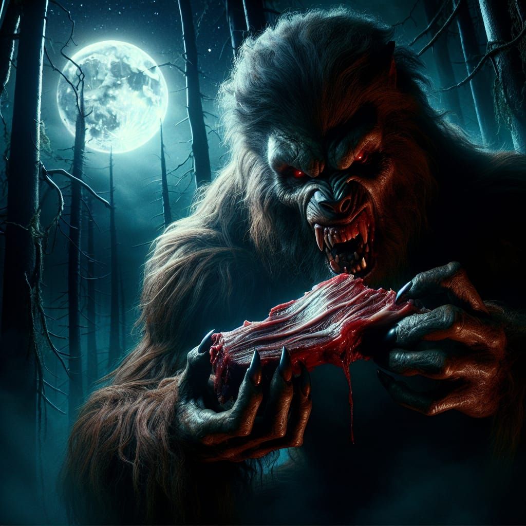 Werewolf Savors Raw Meat Under Full Moon