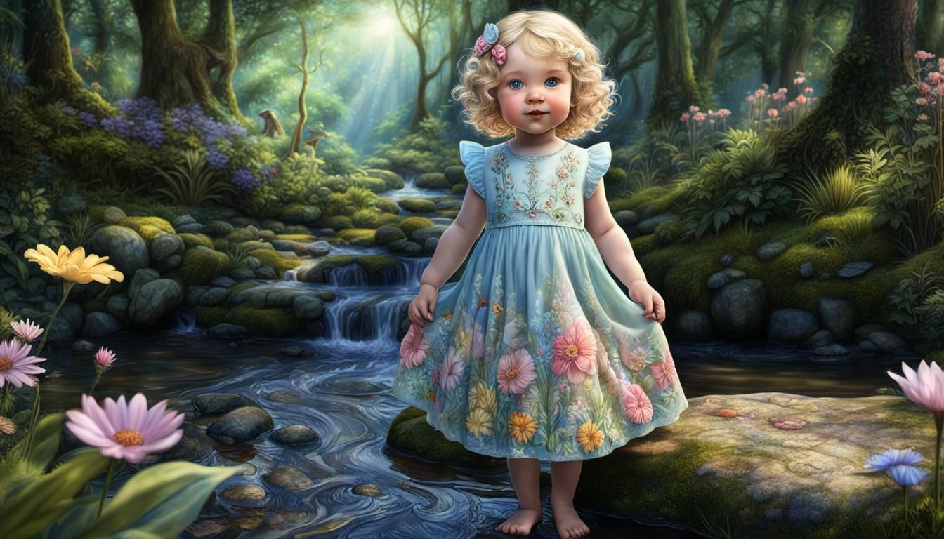 Beautiful Baby Girl in Forest, Digital Illustration