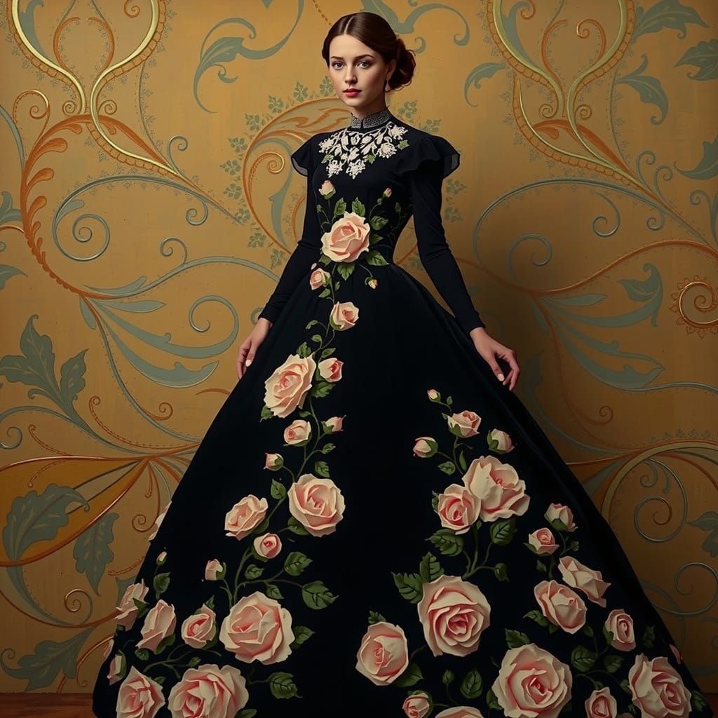 Woman in Jade Crinoline Dress: Art Nouveau Style