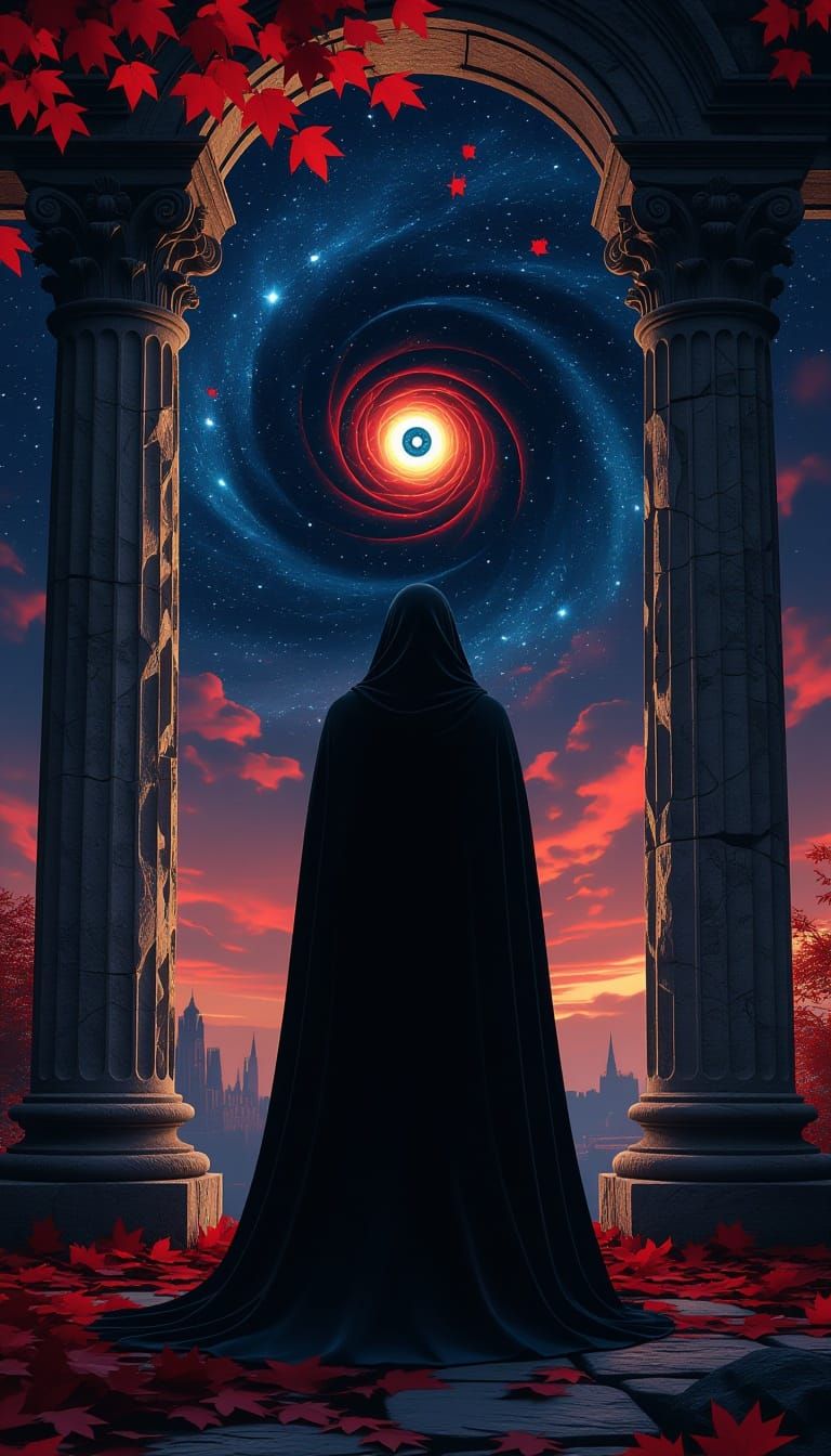 Cosmic Vortex Figure Between Ancient Columns