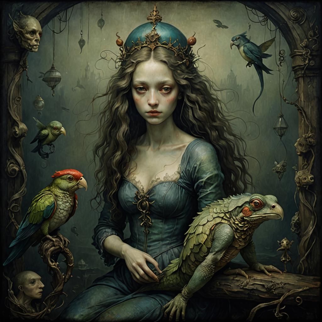 Haunted Toad and Parrot Mermaid in Chiaroscuro
