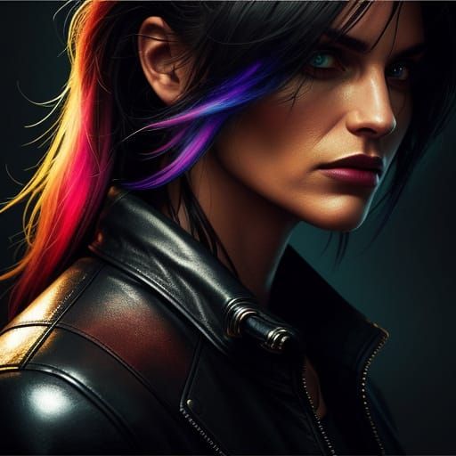 Woman in Leather Jacket: Hyperrealistic Airbrush Art