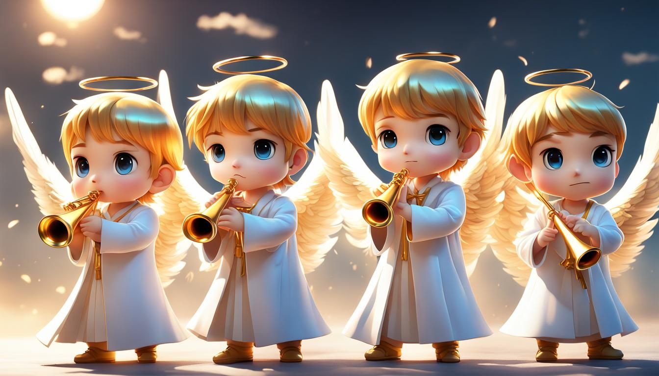 Seven Chibi Angels Blow Golden Trumpets