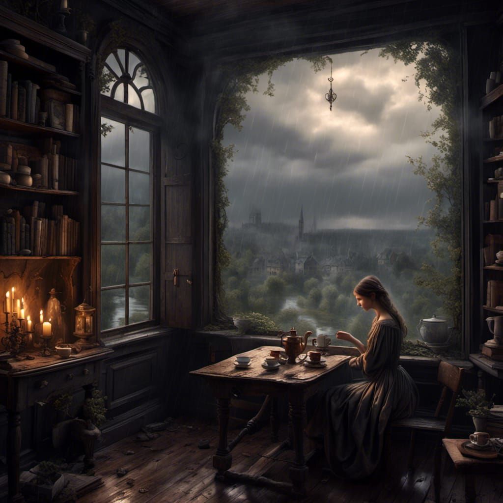 Vintage Still Life: Rainy Day Tea, Matte Painting