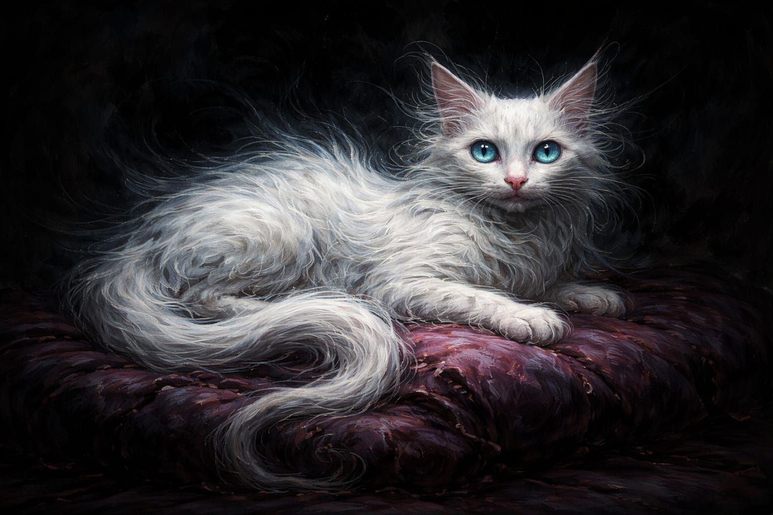 Surreal White Cat on Plush Cushion