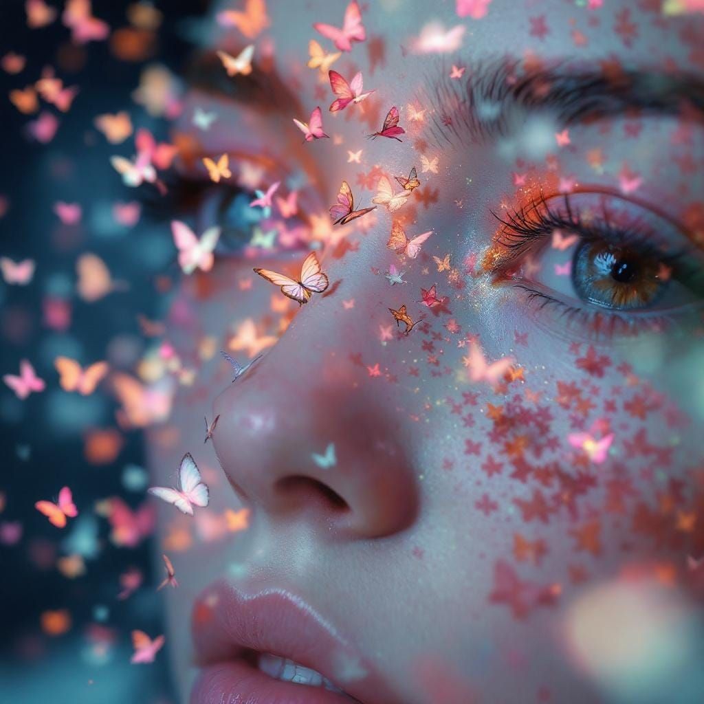 Hyperrealistic Face with Butterflies: Surreal Close-Up