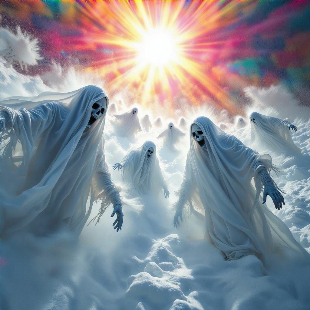 Ghostly Apparitions Ascend Through Blizzard Towards Light