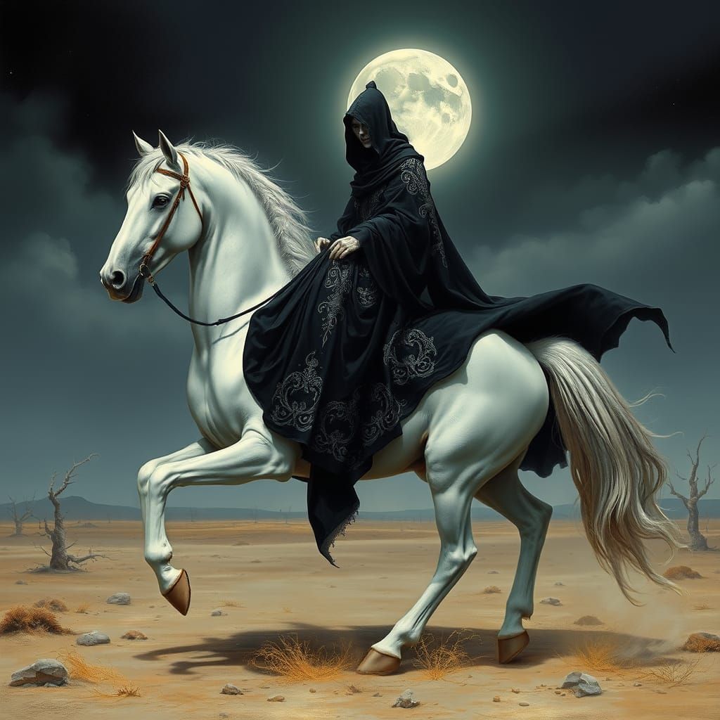 Pale Horseman of the Apocalypse in Moonlit Landscape