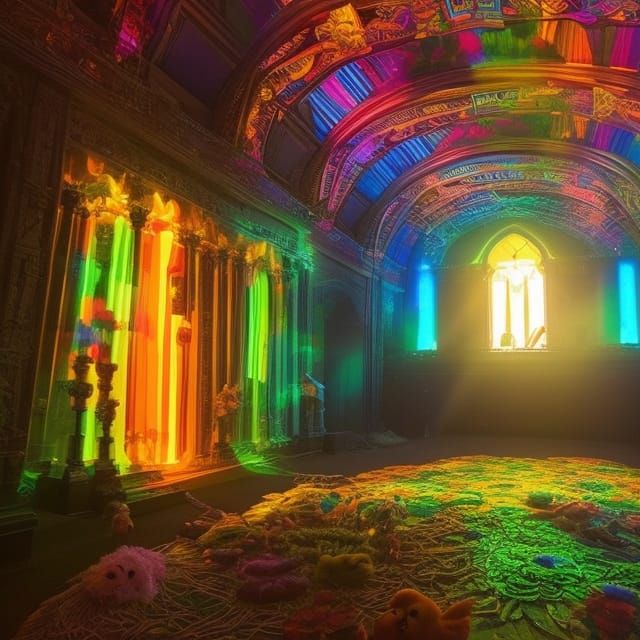 Prismatic Temple of Stuffed Animals in Digital Art