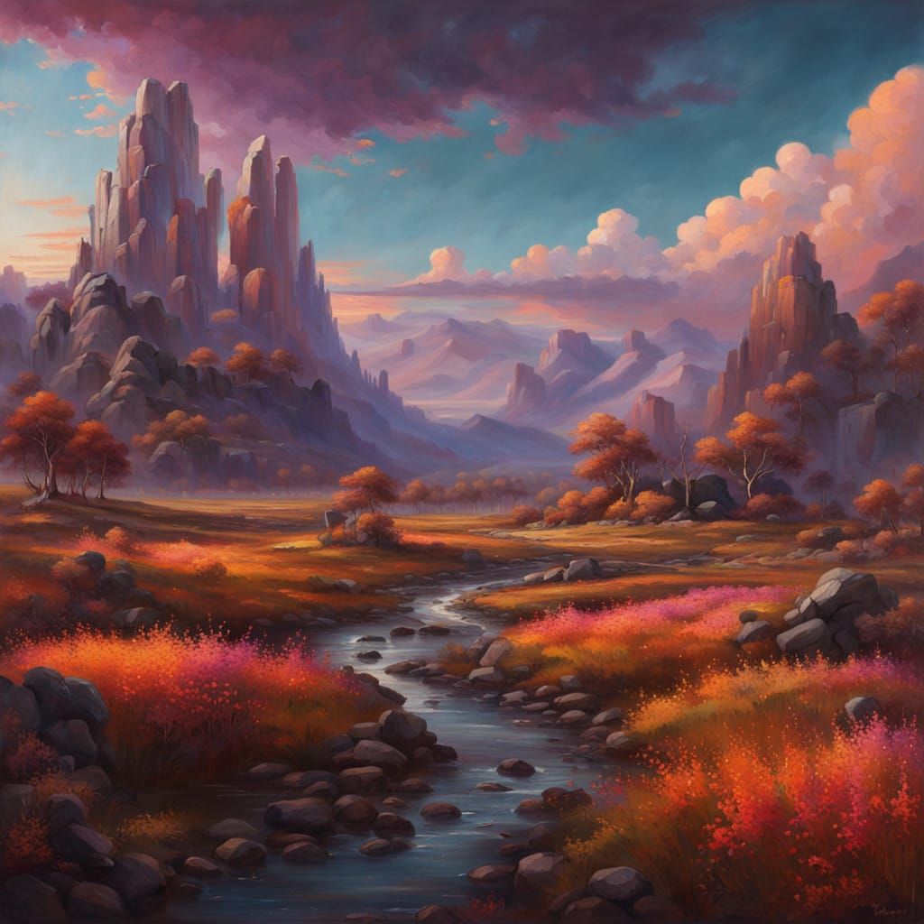 Dreamlike Landscape with Majestic Mountains and Winding Stre...