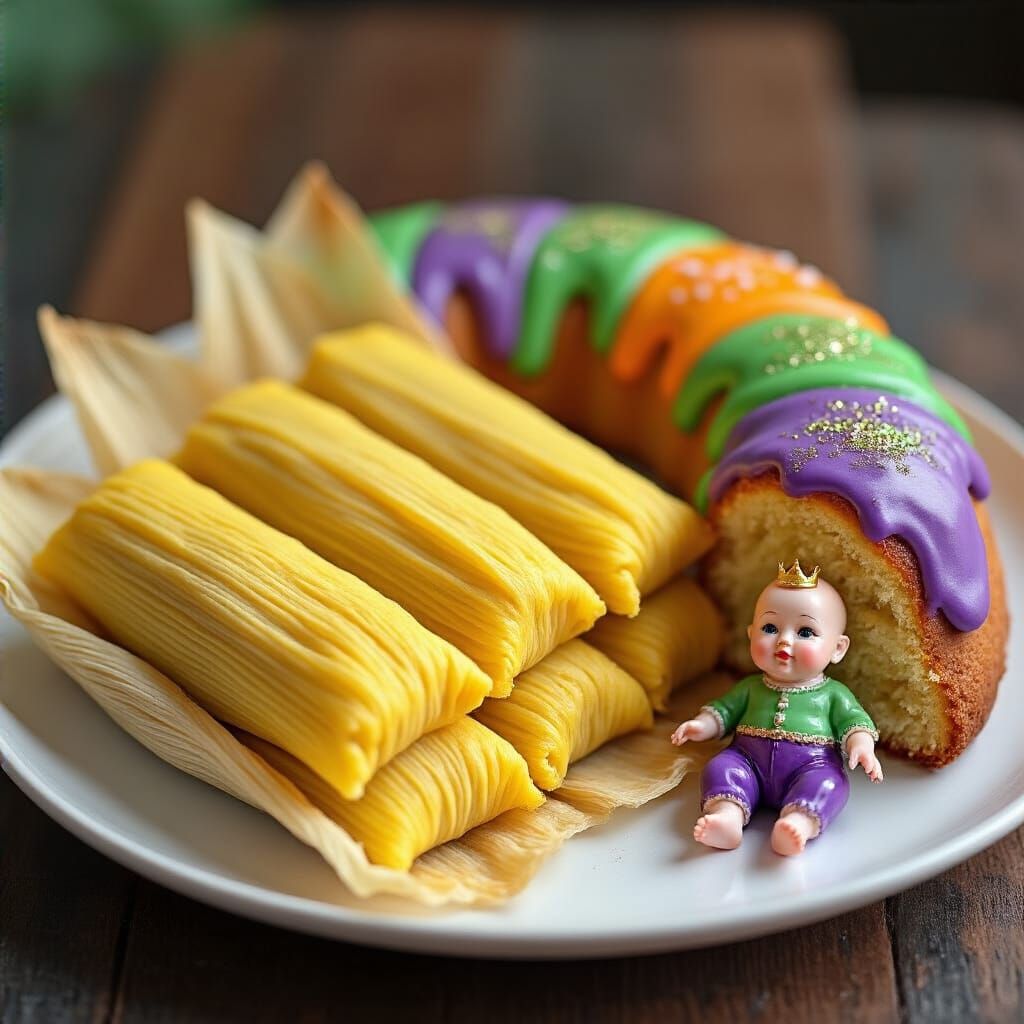 Festive Yellow Tamales and Decorated King Cake Slice