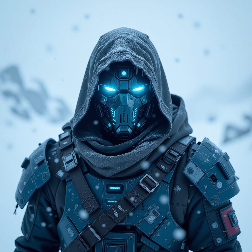 Cyberpunk Warrior in Frozen Wasteland Snowstorm