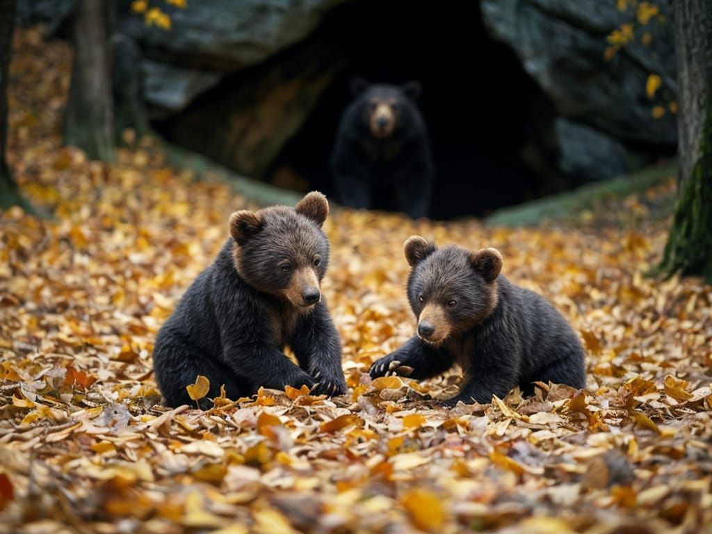 Bear Cubs Play in Autumn Forest Leaves