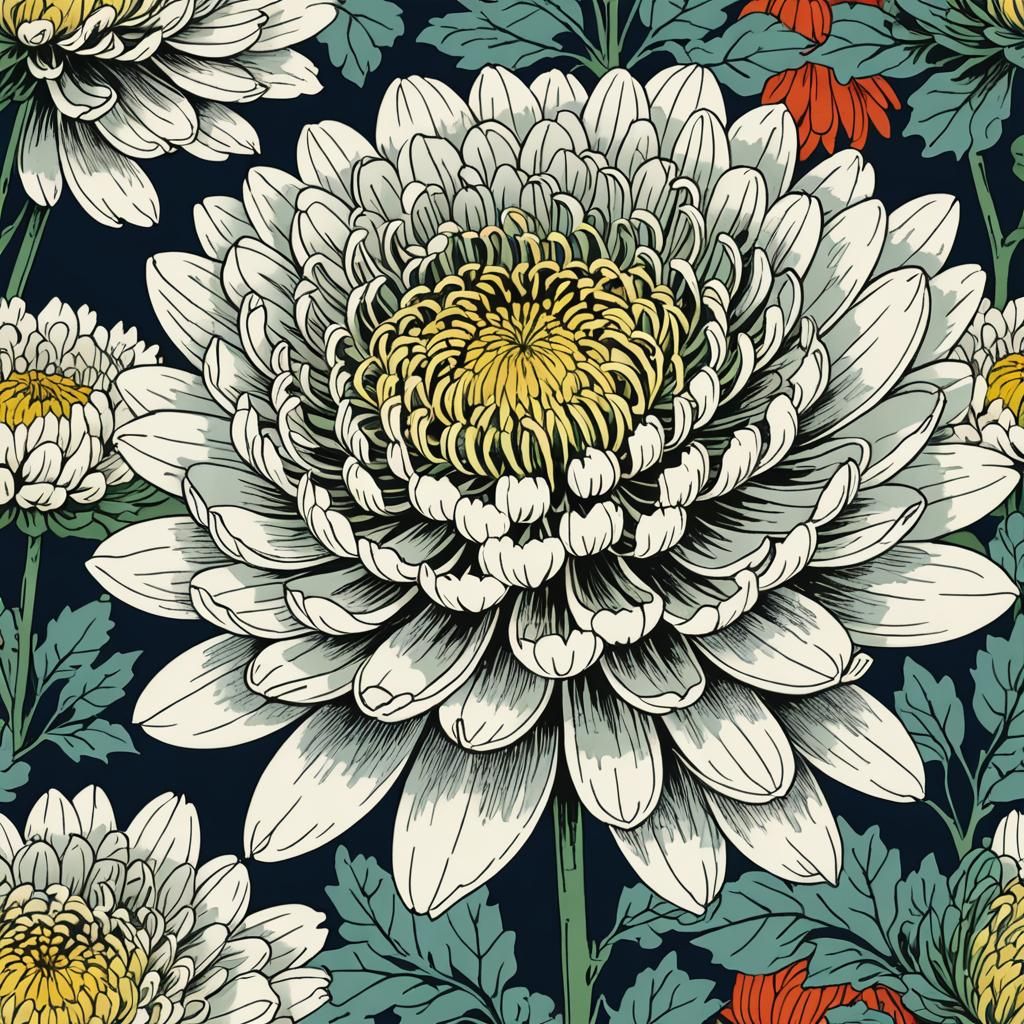 Japanese Chrysanthemum Illustration in Art Nouveau Style