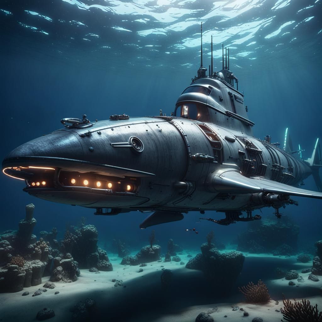 Oceanpunk Hammerhead Submarine Rises: 3D Cinematic