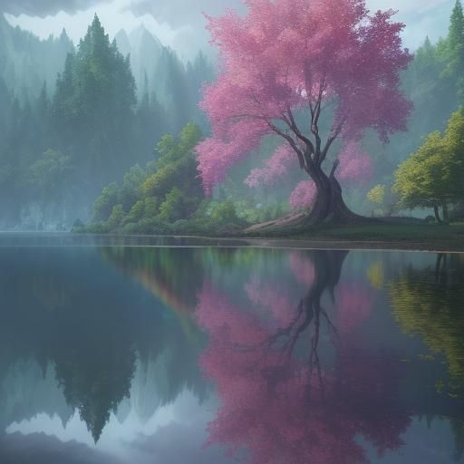 Rainbow Glass Tree Reflected in Lake