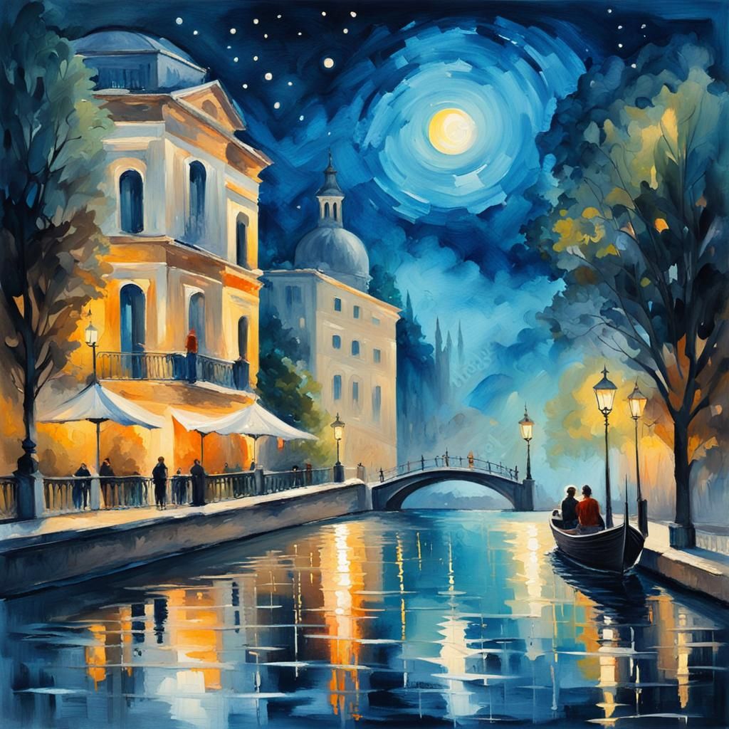 Romantic Night in Gouache Style Watercolor