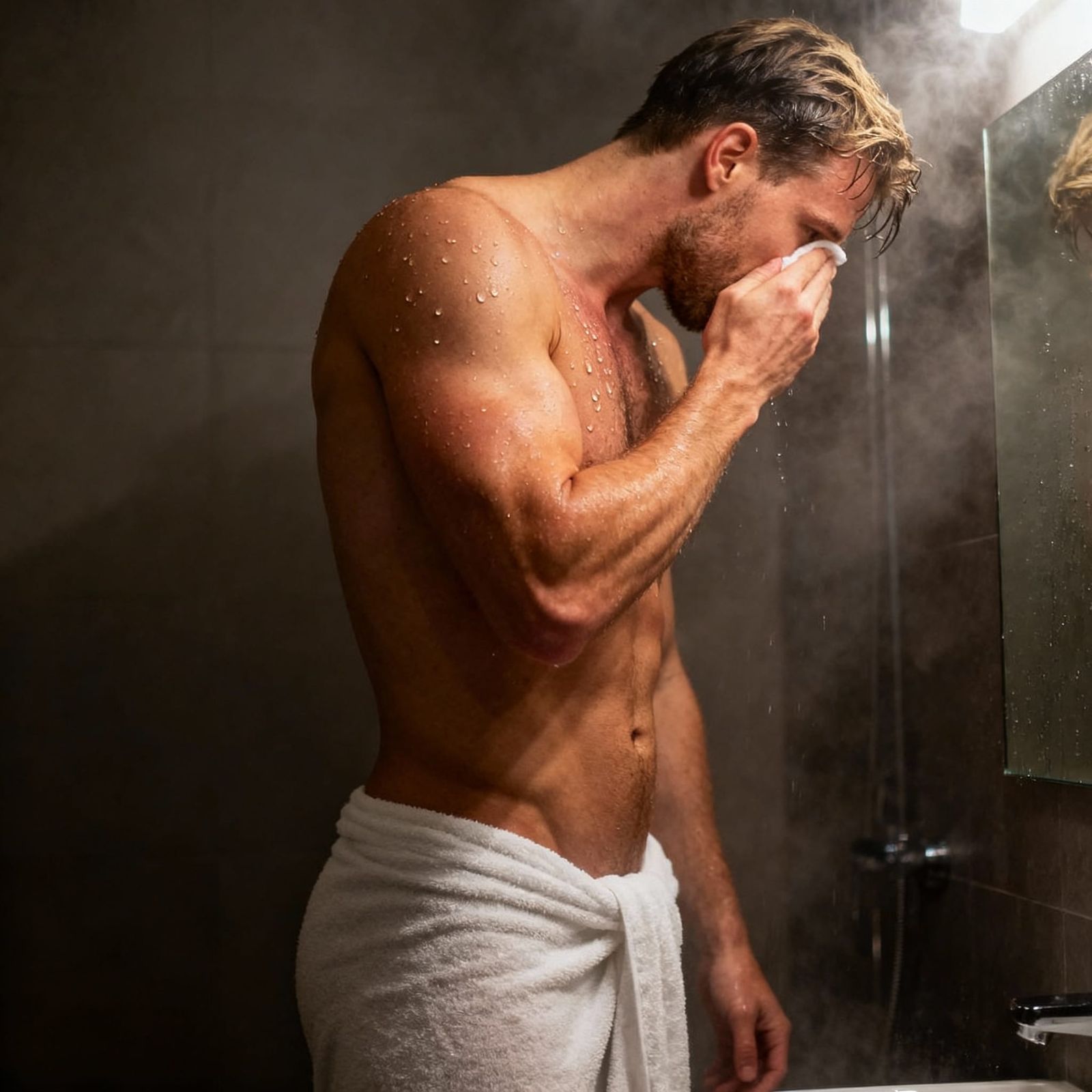 Man After Shower in Misty Bathroom