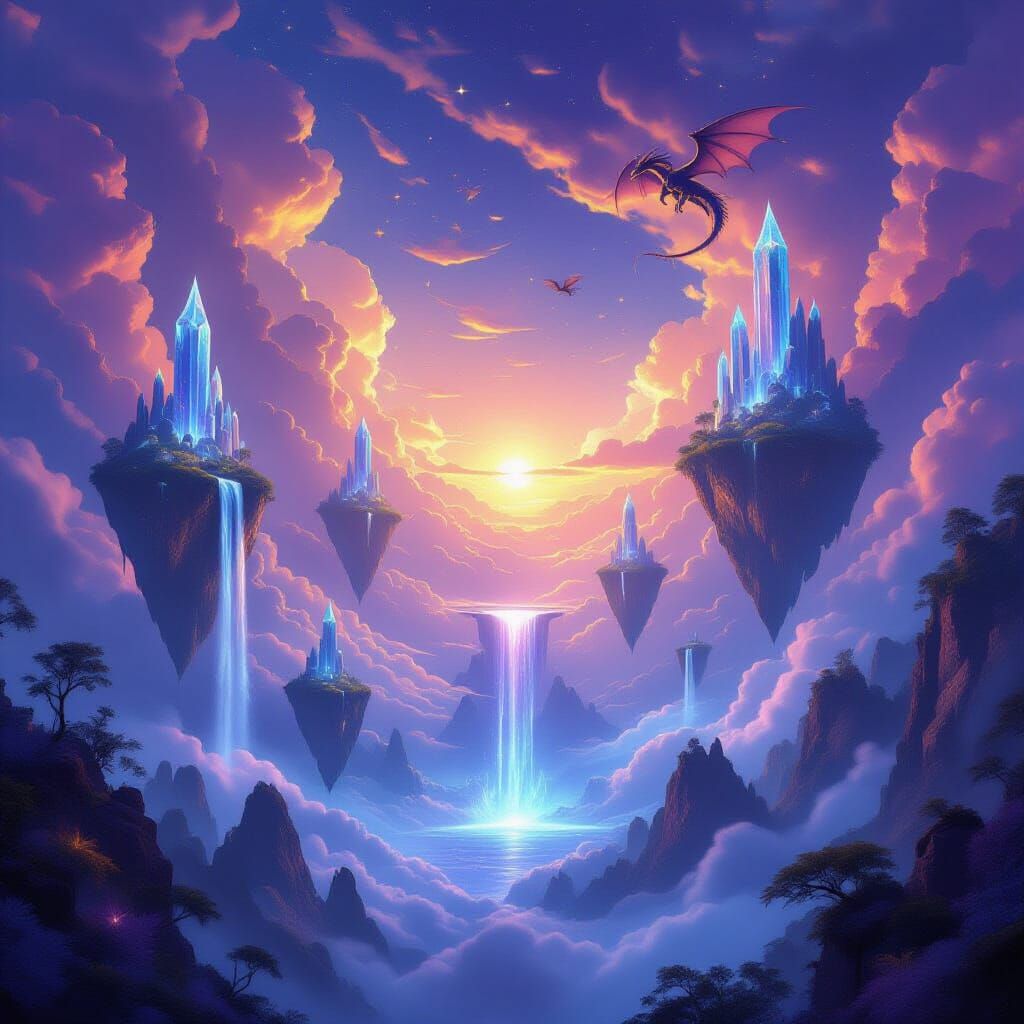 Floating Islands with Dragons in Epic Fantasy Style
