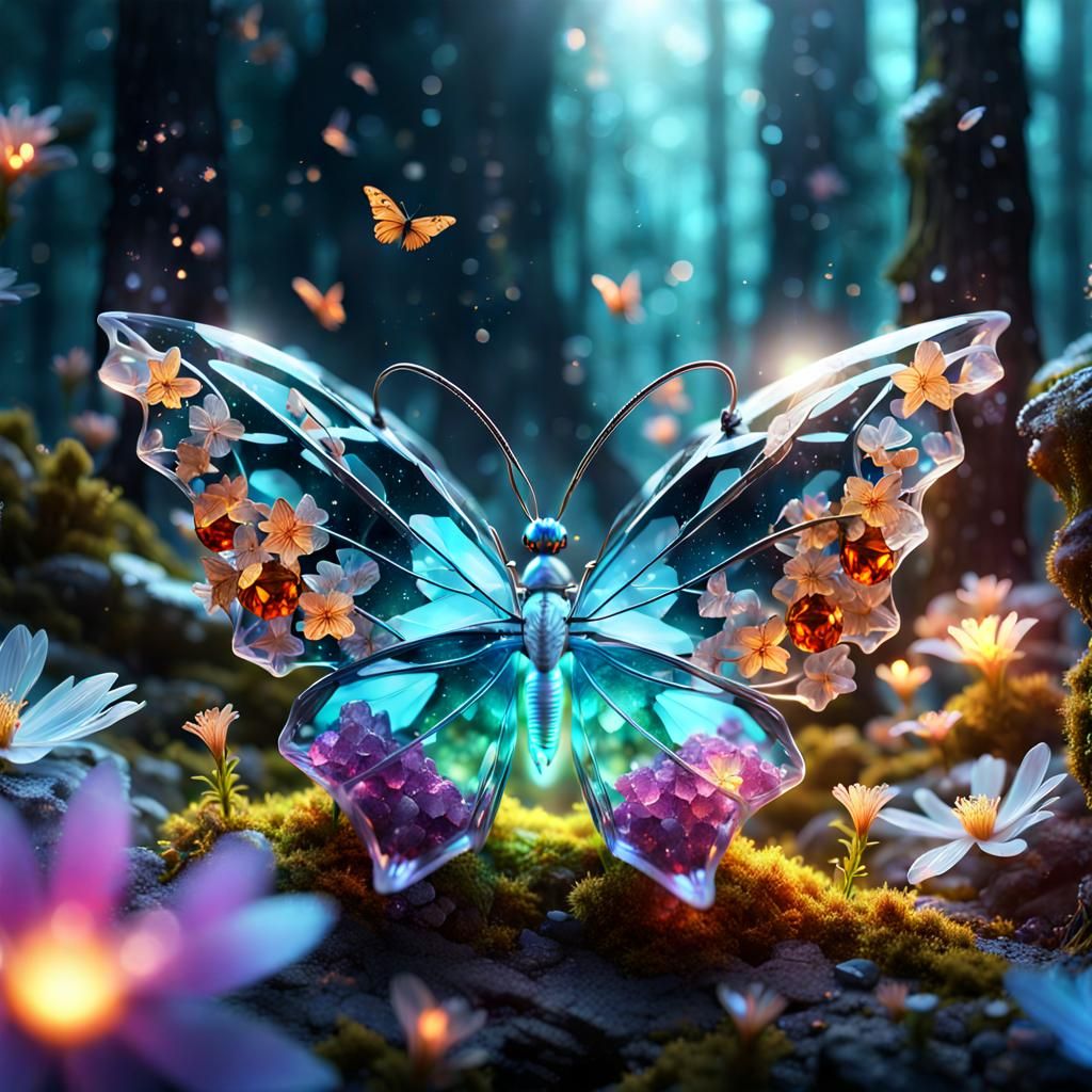 Crystal Butterfly on Bioluminescent Flower in a Magical Fore...