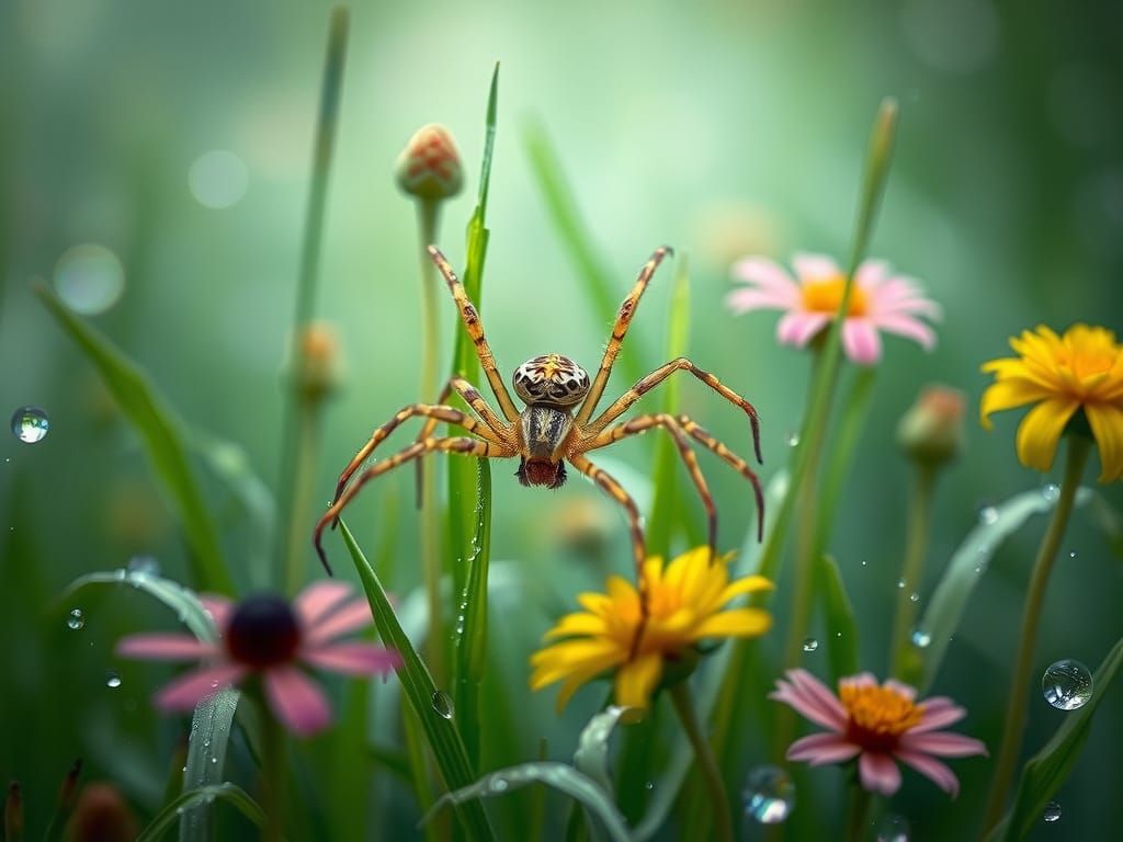 American Grass Spider in Misty Wildflower Meadow