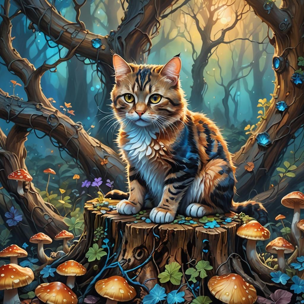 Curious Cat in a Magical Forest Painting