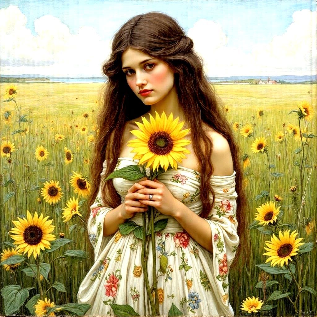 Girl with Sunflower, Waterhouse Style Portrait
