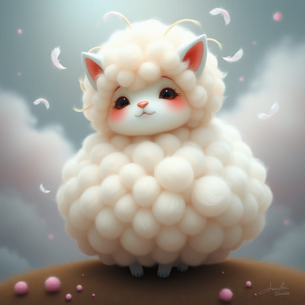 Surreal, Dreamy Creature with Soft, Curly Coat and Gentle Te...